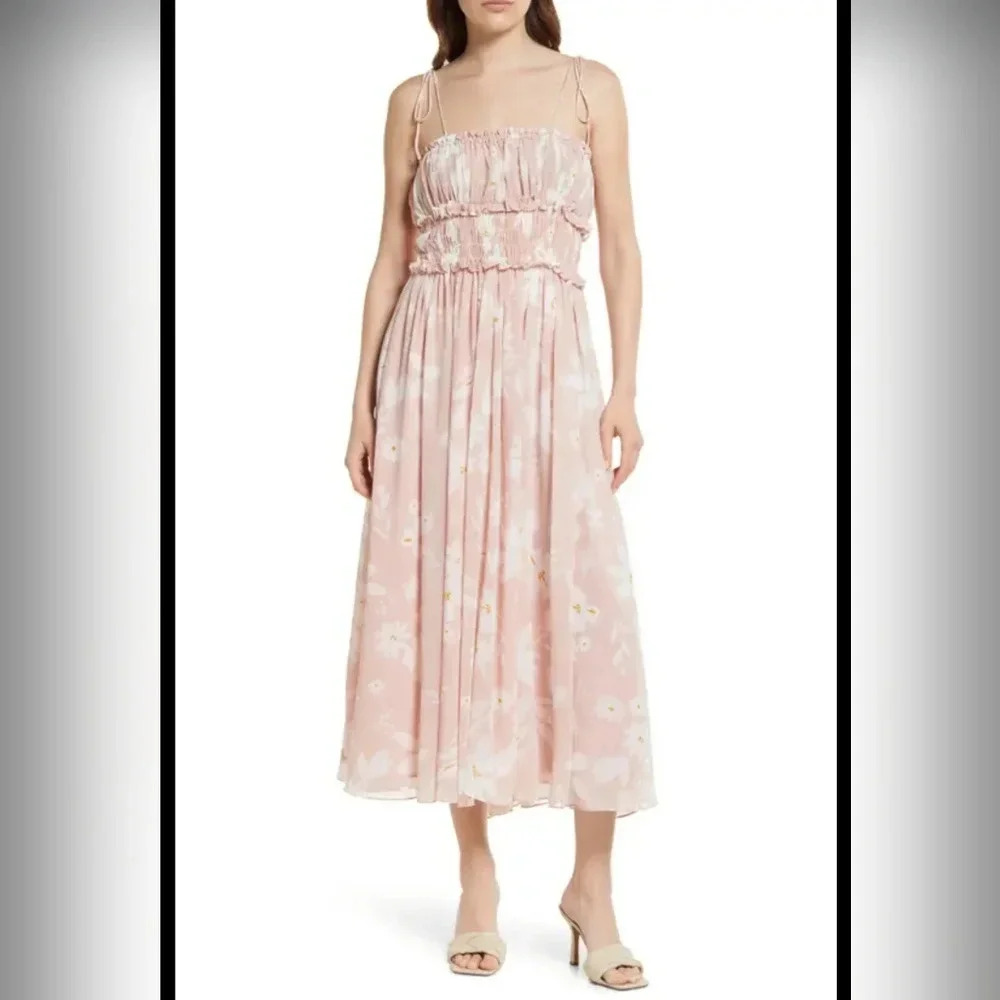 NWT En Saison Women's Gabby Square Tie Sleeve Midi Dress Pink Floral‎ Size Small